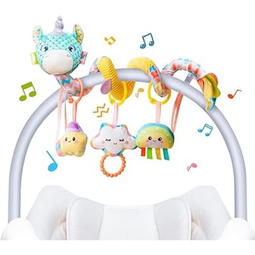 Car Seat Toys for Babies 0-6 Months, Hanging Spiral Stroller Toys, Infant Newborn Brain Development With Music Crinkle Teether Rattle for Baby Boy Girl 0-3-12 Months