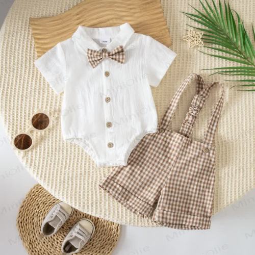 Baby Gingham Bow Tie Bodysuit and Overalls 2-piece Set
