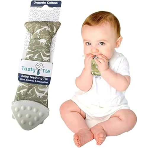 Tasty Tie Teething Tie, 3-in-1 Clip-on Baby Tie, Crinkle Toy & Silicone Teether for 3-6-9-12-18 Month Babies | GOTS Certified Organic Cotton | Unique Baby Boy Gift or Stocking Stuffer, Dino Style