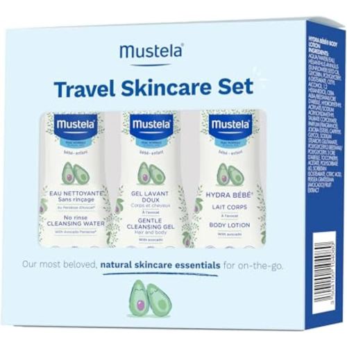 Mustela Travel Skinscare Set - Baby Skin Care & Bath Time Set - TSA-Approved - Natural & Plant-Based - Natural Avocado - 3 Items Set - Refillable & Reusable 1.69 Fl. Oz. Bottles