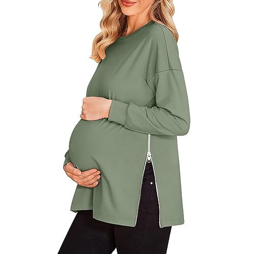 Women's Maternity Shirts Long Sleeve Sweatshirt Zipper Split Side Pregnancy Casual Tunic Top