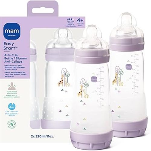 MAM 11oz Easy Start Anti-Colic+ Wide Neck Baby Bottle, Fast Flow Breastfeeding-Like Nipple, Reduces Colic Gas & Reflux, Easy to Clean, BPA Free, 4+ Months, Made in Europe, 2 Pack, Girl
