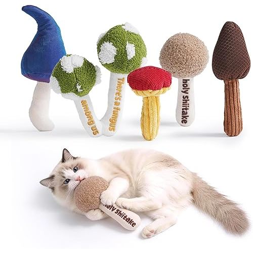 Mushroom Catnip Cat Toys for Indoor Cats, Cute Catnip & Silvervine Chew Toys with Different Textures, Kitten Teething Toys, Funny Slang Printed Cat Toys for Bored Indoor Cats, Value 5 Pack