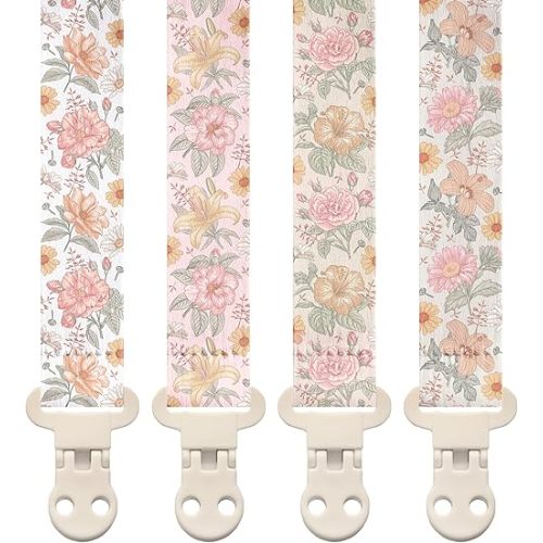 Stadela Baby Fabric Pacifier Clip Holder, Plastic Clip, 4‑Pack, Flowers Pattern, Lilly Set