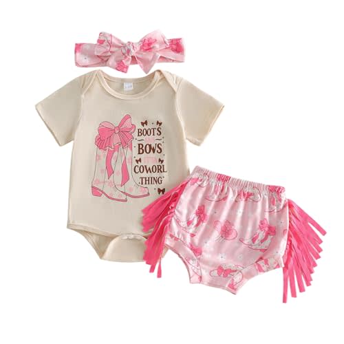 Western Baby Girl Clothes Summer Short Sleeve Letter Tassel T Shirt Romper Bloomer Shorts Set Infant Country Outfit