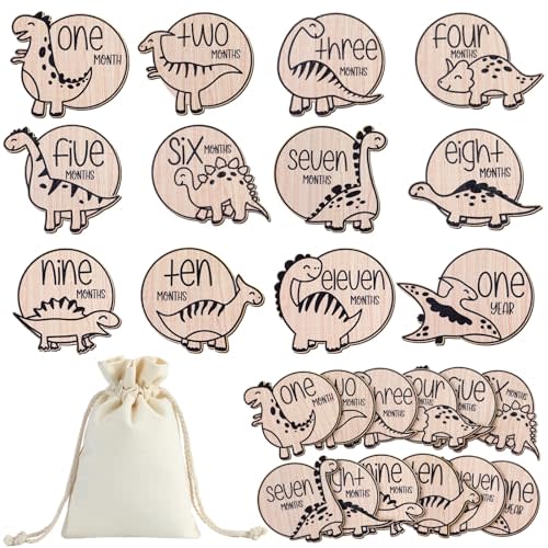Wesiti 12 Pcs Wooden Baby Milestone Cards with Linen Bag Baby Monthly Milestone Marker Discs Signs Baby Announcement Cards for Pregnancy Growth Baby Shower Gifts Newborn Photo Props (Dinosaur Style)
