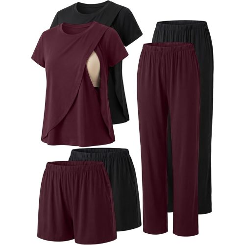 6 PCS Maternity Pajamas Nursing 2 Set Postpartum Breastfeeding Short Sleeve Shirts, Pregnancy Shorts & Pants