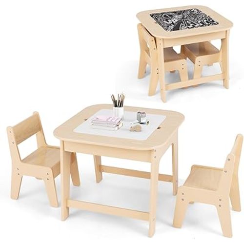 INFANS Kids Table and Chair Set, 3 in 1 Wooden Activity Table with Removable Tabletop, Blackboard and Whiteboard for Toddlers Arts Crafts Drawing Reading Playing, Playroom Nursery (Natural)