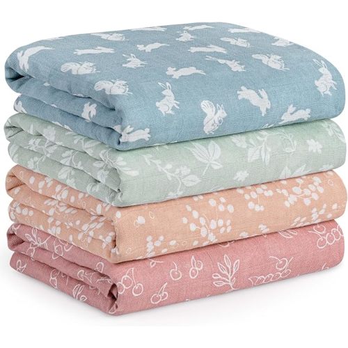 Muslin Swaddle Blankets for Newborn, 4 Pack Cotton Baby Blanket, Large 31.5 x 43.3 inch Breathable Soft Receiving Blanket, Essentials Swaddle Wrap Burping Clothes, Vintage Flowers