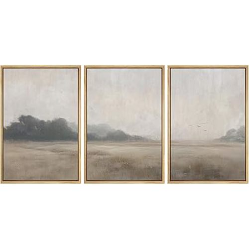MUDECOR Framed Wall Art Print Set Serene MeadowTranquil Landscape with Foggy Fields and Distant Trees Illustrations Realism Decorative for Living Room, Bedroom, Office - 16"x24"x3 Natural