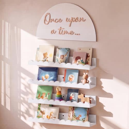 Novabright 4 Pcs Floating Nursery Shelf,Scalloped Edge, Arched Sign | 3D Once Upon a Time Wooden Sign, 16.5" Bookshelves for Wall, for Bedroom Playroom Reading Corner Home Decor