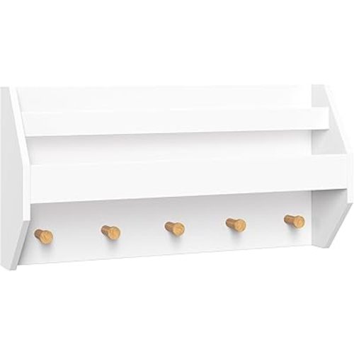 RiverRidge Kids Wall Shelf with Bookrack and Hooks - Modern Two-Tone Mounted Shelf for Playrooms & Nurseries - Pine Wood Accents, White Finish - Shelves for Books, Décor, Bags and Jackets