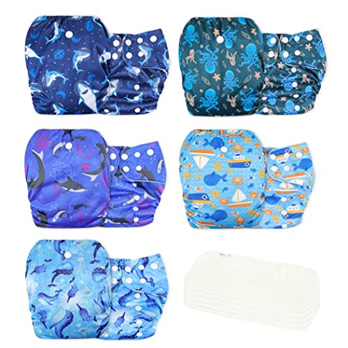 wegreeco Cloth Diapers 5 Pack with 5 Inserts, Washable Cloth Diapers for Babies, One Size Adjustable Reusable Diapers Baby (Ocean Adventure)