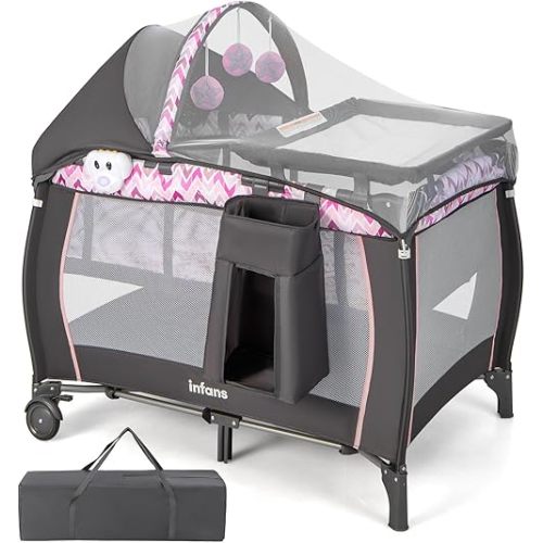 INFANS 4 in 1 Pack and Play, Portable Travel Baby Playard with Bassinet, Changing Table, Canopy, Mosquito Net, Hanging Toys, Music Box, Storage Bag, Large Playpen from Newborn to Toddlers (Pink)