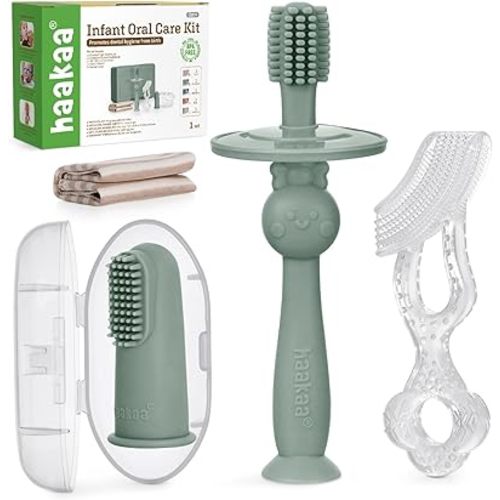 haakaa Training Toothbrush Set Oral Care Kit, Soft Silicone Toothbrush for Baby, Infants, Toddlers & Kids, Pea Green