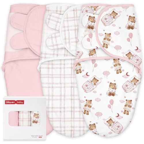 GLLQUEN BABY Swaddles for Newborns 0-3 Months, Adjustable & Easy Fastener | 3-Pack, Baby Girl Swaddles Organic Cotton Womb-Like Nursery Swaddling Blanket reduces startle reflex, Soft & Skin-Friendly