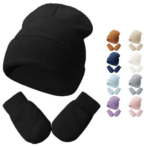 Ticikt Baby Knit Beanie & Mitten Set, Solid Color Soft Warm Toddler Hat Gloves Kit for Autumn Winter,Black,3-24 Months