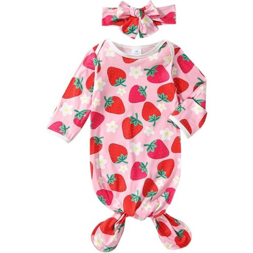 Baby Sleep Gown 0-3 Month, Two-piece Soft Newborn Sleep Gown, Cow Strawberry Flower Nightgown with Headband