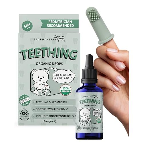 Organic Baby Teething Relief Drops with Silicone Toothbrush, Gum Relief for Babies & Toddlers 6 M+, Soothing Chamomile Clove Blend, Teething Gel Alternative, Sugar Free, 120 Servings, Legendairy Milk
