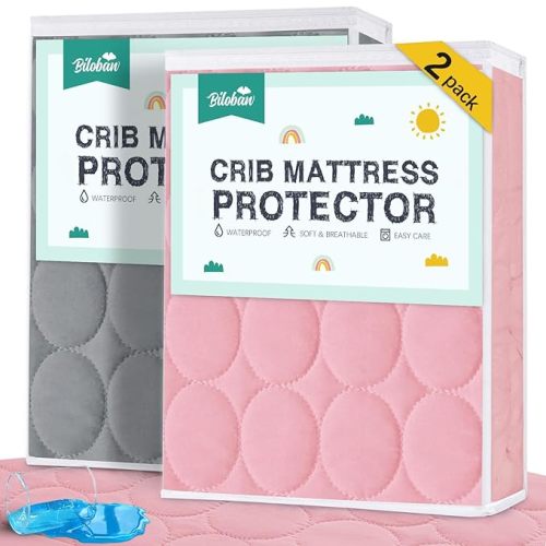 Crib Mattress Protector Sheets Waterproof 2 Pack, Quilted Crib Mattress Pad Cover Fitted Fits for Toddler Bed Mattress, White, 52” x 28”