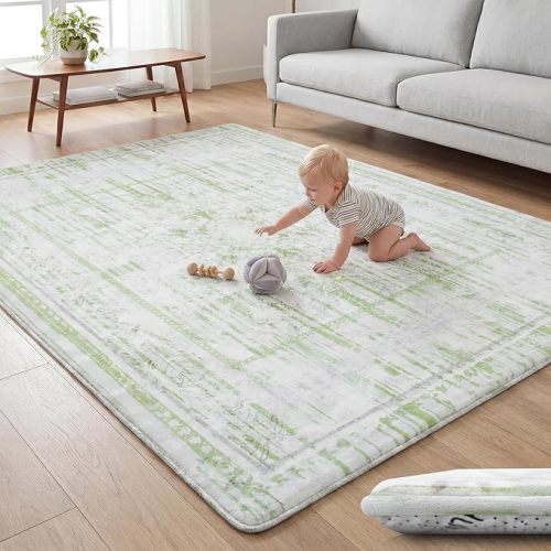 Huloo Sleep Baby Play Mat for Floor - 79x118 Inches 1.3" Thick Elasti-Foam Playpen Mat for Toddlers Infant Kids, Water-Repellent Nursery Rug, Non-Slip Backing for Crawling & Tummy Time, Vintage Beige
