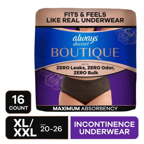 Always Discreet Boutique Incontinence Underwear, Maximum Protection, XL, Black, 16 Count HSA/FSA Eligible