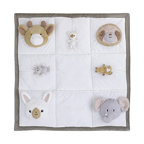 NoJo Playful Pals White, Tan, & Gray Four 3D Animals with Crinkle Plush Tummy Time Play Mat - Sloth, Llama, Elephant, & Giraffe, Grey, White, Tan