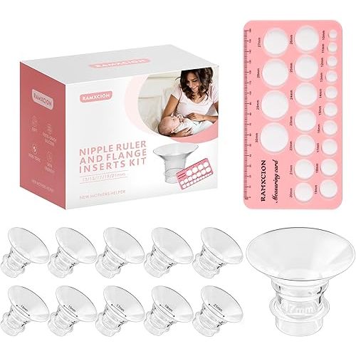Flange Sizing Kit with 10PCS Flange Insert 13/15/17/19/21mm & Nipple Ruler,Flange Insert Silicone,Soft Flange Insert Kit for Breast Pump Replacement Compatible with Most Breast Pumps (Multicolor#002)