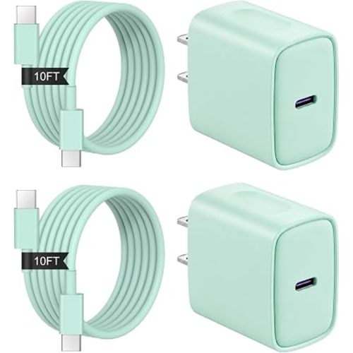 iPhone Duo 18 17 16 15 Charger 2+2Pack USB C Charger & 10FT Cable -Green