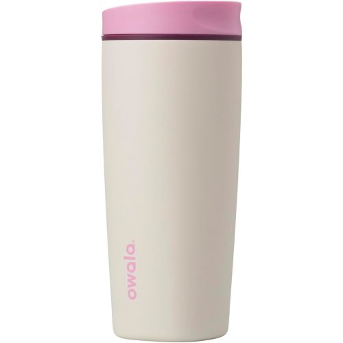 Owala SmoothSip Slider Insulated Stainless Steel Coffee Tumbler, Reusable Iced Coffee Cup, Hot Coffee Travel Mug, BPA Free 20 oz, Pink/Tan (Daybreak)