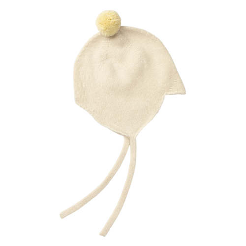 Rosie Sugden Cashmere’s Baby Bonnet in Ecru with Lemon Pom