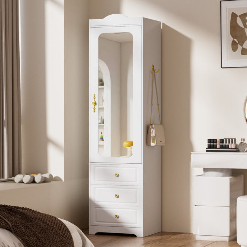 Winston Porter 15.75”w White Armoire Wardrobe Closet With 3 Drawers And M Irror & Wardrobe Closet With Adjustable Shelves For Bedroom & Reviews | Wayfair