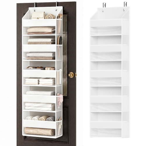 PLUMEBAY Over The Door Organizer, 5 Layer Hanging Storage with Clear Window and Mesh Side Pockets, White