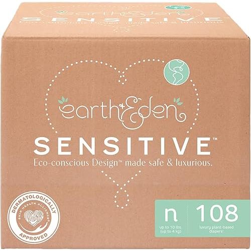Earth & Eden Sensitive Baby Diapers, Newborn (108 Count) - Eco-Conscious & Hypoallergenic Diapers - No Harsh Chemicals - Comfortable and Gentle on Skin - Dermatologically Approved