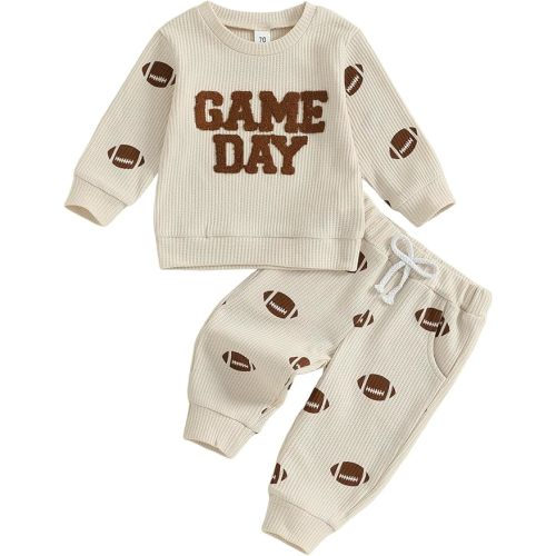 Kupretty Toddler Baby Boy Football Outfits Fall Winter Clothes Game Day Embroidery Crewneck Sweatshirt + Pants Waffle Set