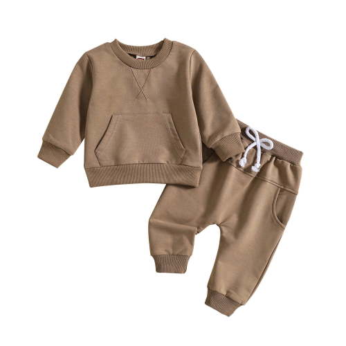 Baby Days Savings! kladzum Toddler Baby Boy Girl Fall Winter Outfit Solid Crewneck Long Sleeve Sweatshirt and Sweatpants Sweatsuit Tracksuit Sets on Clearance( Coffee, 0-6 Months )