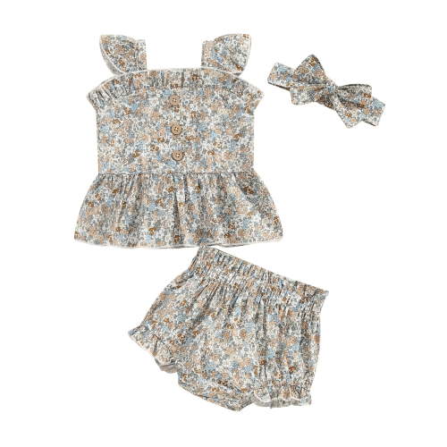 Bagilaanoe 2pcs Newborn Baby Girl Floral Shorts Set Fly Sleeve Camisole Tops + Shorts + Headband 6M 12M 18M 24M Infant Casual Summer Clothes