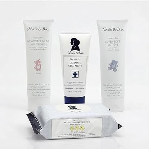 Noodle & Boo Fragrance Free Baby Skincare 4-Piece Bundle – Ultimate Baby Ointment, 2-in-1 Newborn Shampoo & Body Wash, Super Soft Baby Lotion & Cleansing Cloths for Sensitive Skin