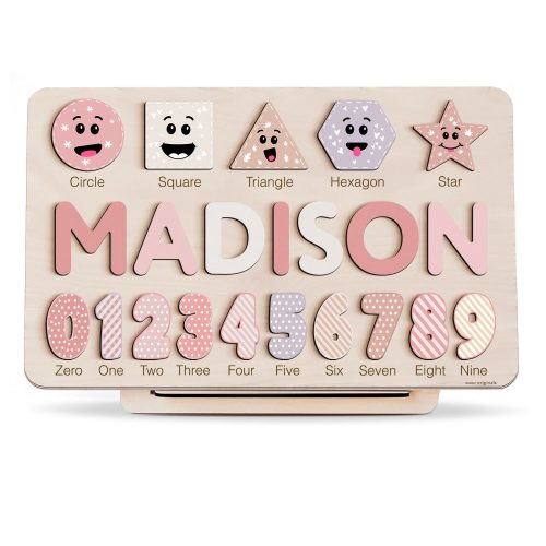 Personalized Wooden Name Puzzle with Numbers & Shapes – Imperial – Zuzu Puzzle