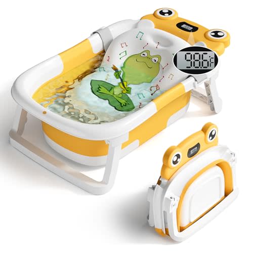 BUNWAG Baby Bathtub, Collapsible Newborn Bathtub for Infant to Toddler 0-24 Months with Soft Bath Net,Portable Travel Newborn Tub with No-Slip Feet, Baby Shower Gifts, Yellow