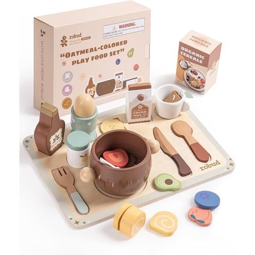 ROBUD 31-Piece Wooden Play Food Set for Kids - Coconut Oats Montessori Kitchen Toys, Educational Pretend Play Dishes with Accessories for Toddlers
