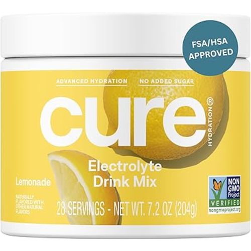 Cure Hydration | Plant-Based Electrolyte Drink Mix | No Added Sugar | FSA-HSA | Dehydration Relief Powder Made with Coconut Water | Non-GMO | Vegan | 28 Servings Jar - Lemonade