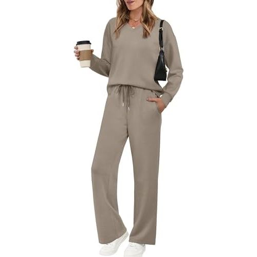 WIHOLL Lounge Sets for Women 2025 V Neck 2 Piece Outfits Airport Wide Leg Pants Matching Set Sweatsuits