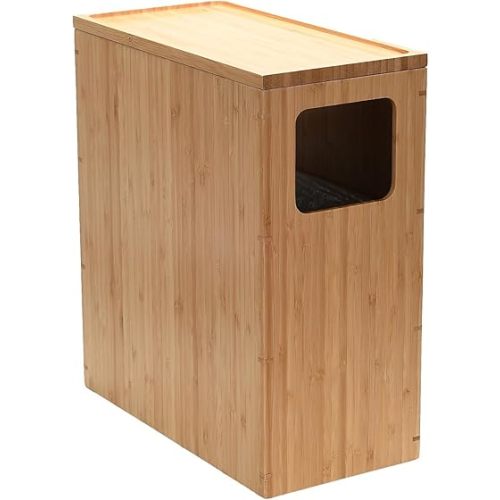 MobileVision Bamboo Slim Trash Can with Lid, Waste Basket for Bathroom, Bedroom, Office, Vanity, Salon or Spa, Small Spaces, Rectangle, Bag Liners Included