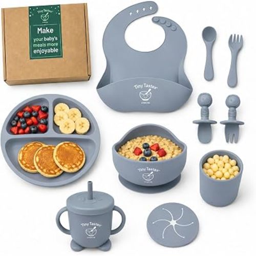 10-Piece Silicone Baby Feeding Set – Baby Led Weaning Supplies with Suction Plate & Bowl, Adjustable Bib, Snack Cup, Spoons & Fork, BPA-Free Baby Feeding Essentials for Toddlers