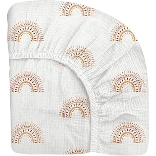 Mini Crib Sheets for Baby, Fitted Pack N Play Mattress and Mini Cribs 24" x 38", Neutral Muslin Cotton Mini Crib Mattress Sheet with Boho Style, Soft and Breathable Comfort (Rainbow)