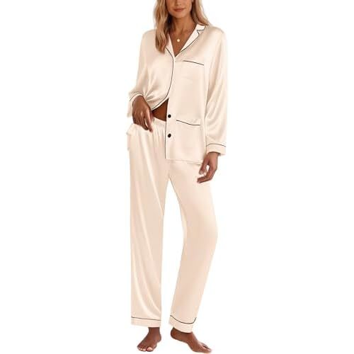 Ekouaer Pajamas for Women Silk Satin Button Down Long Sleeve Pajama Sets