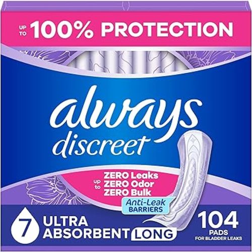 Always Discreet Adult Incontinence Pads for Women, Drier, 7 Drop Long Length, Ultra Absorbency, Pads for Bladder Control Management, Bladder Leaks, Overnight & Postpartum Pads, 104ct