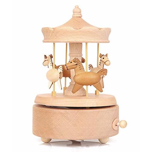 Carousel Music Box, Wooden Horse Music Box for Girl Women, Christmas Birthday Gift, No Battery Home Wood Decor