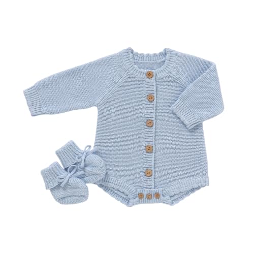 LAWKUL Cotton Baby Sweater and Booties Set | Newborn Shoes, Knit Romper, Long Sleeve Onesie, Unisex Boy Girl Clothes, Soft Crochet